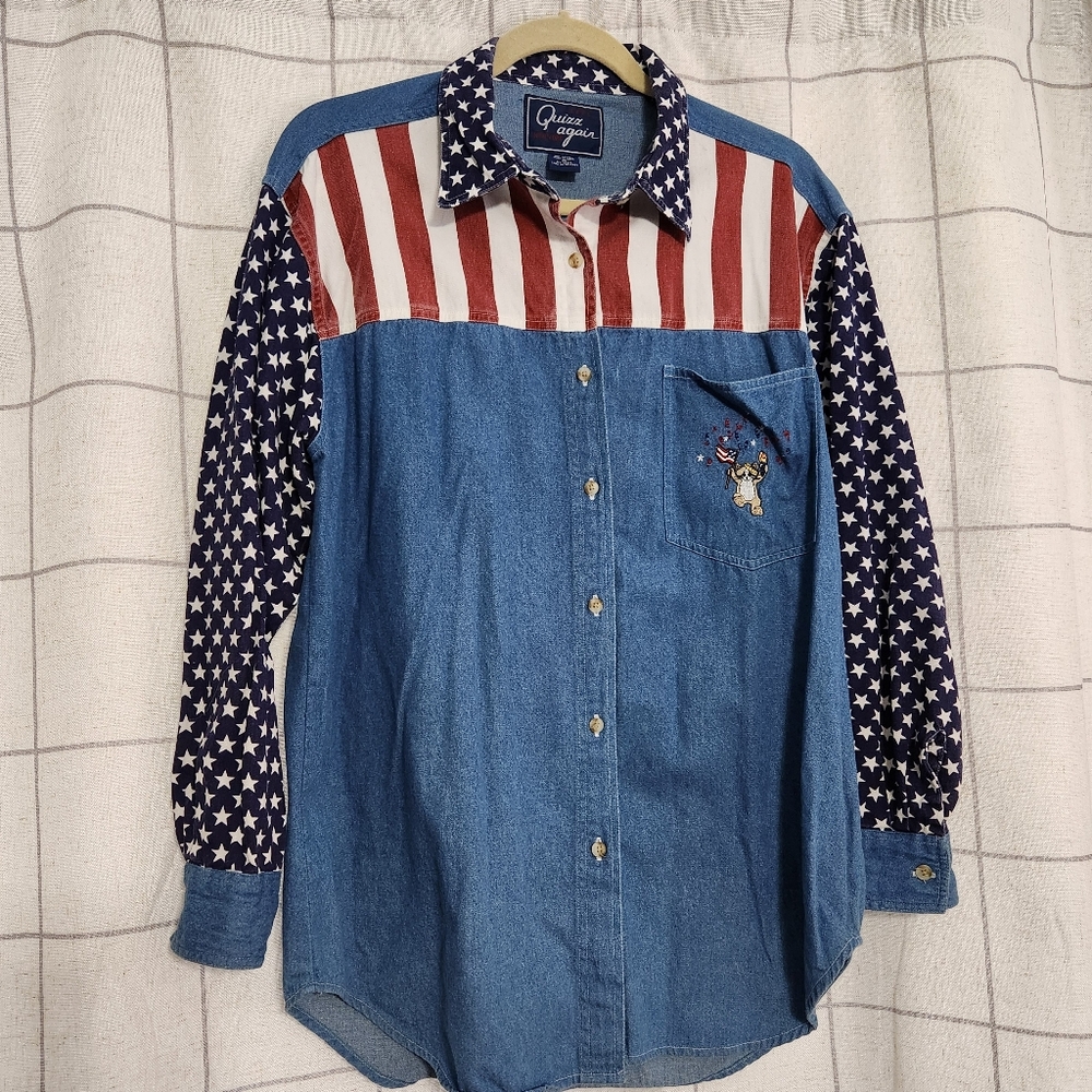 Vintage Let's Quizz Again Patriotic denim shirt With Embroidered Cat